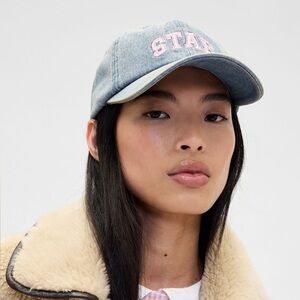 Sandy Liang Blue Denim Cap with Pink Embroidery